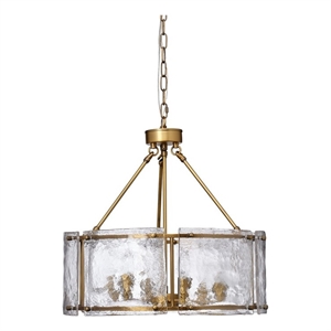 Maklaine Large Round Textured Glass and Metal Chandelier in Antique Brass