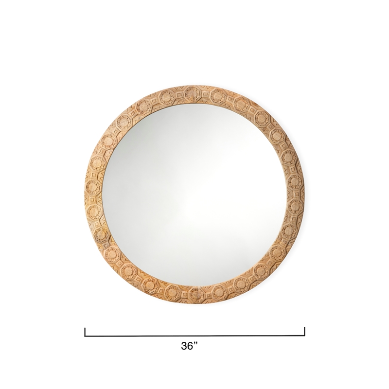 Maklaine Hand-Carved Floral Wood Round Wall Mirror in Natural