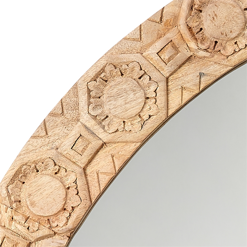 Maklaine Hand-Carved Floral Wood Round Wall Mirror in Natural