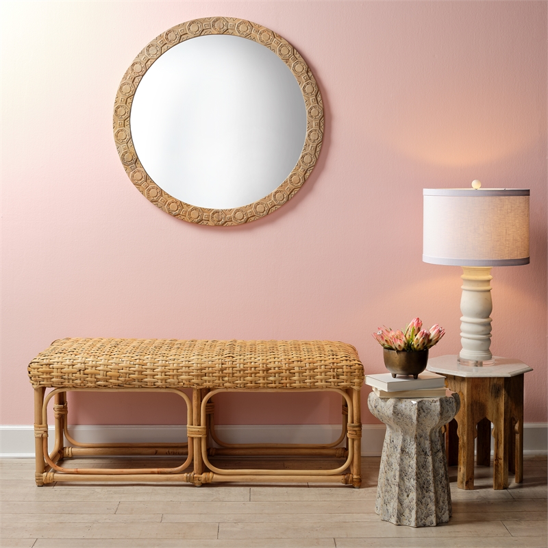 Maklaine Hand-Carved Floral Wood Round Wall Mirror in Natural