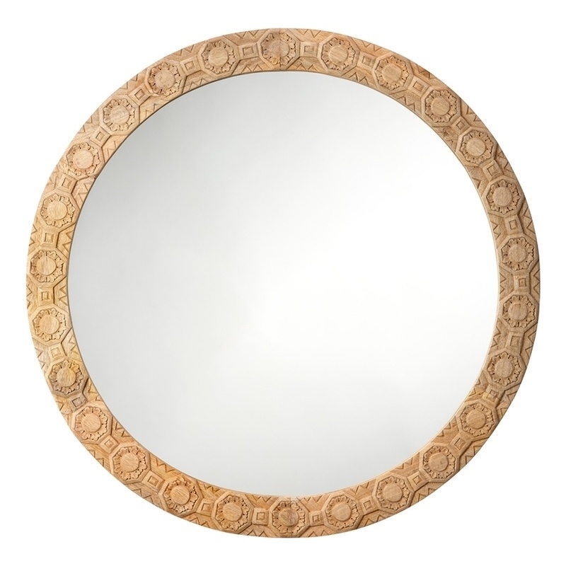 Maklaine Hand-Carved Floral Wood Round Wall Mirror in Natural