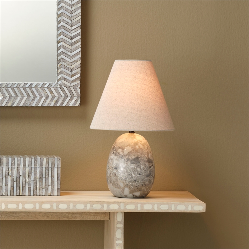 Maklaine Hand-Carved Travertine Stone Table Lamp With Linen Cone Shade