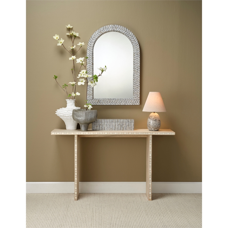 Maklaine Hand-Carved Travertine Stone Table Lamp With Linen Cone Shade