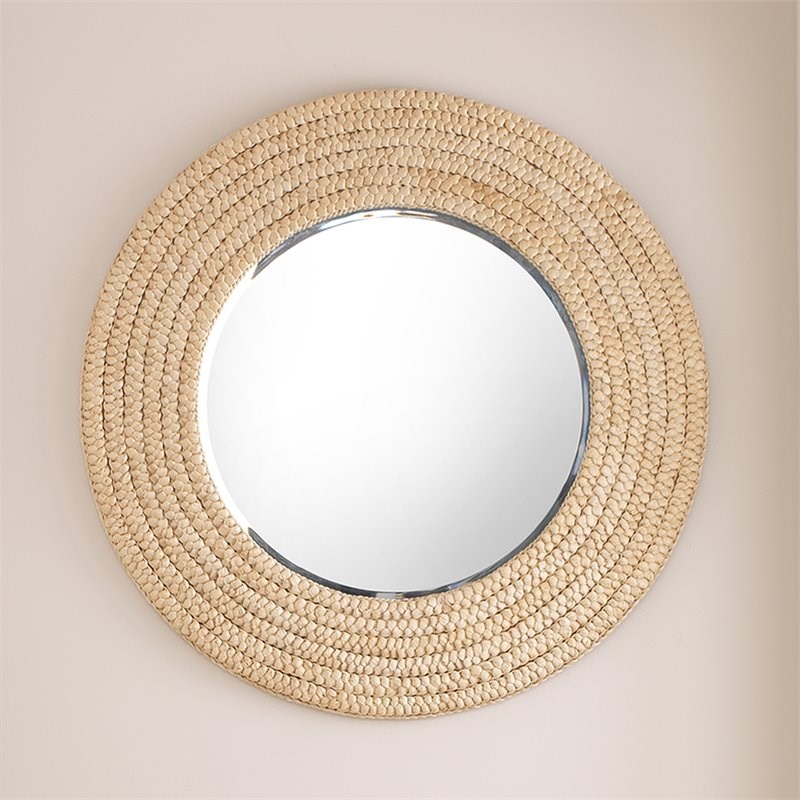 Maklaine Woven Braided Seagrass Round Coastal Wall Mirror in Brown
