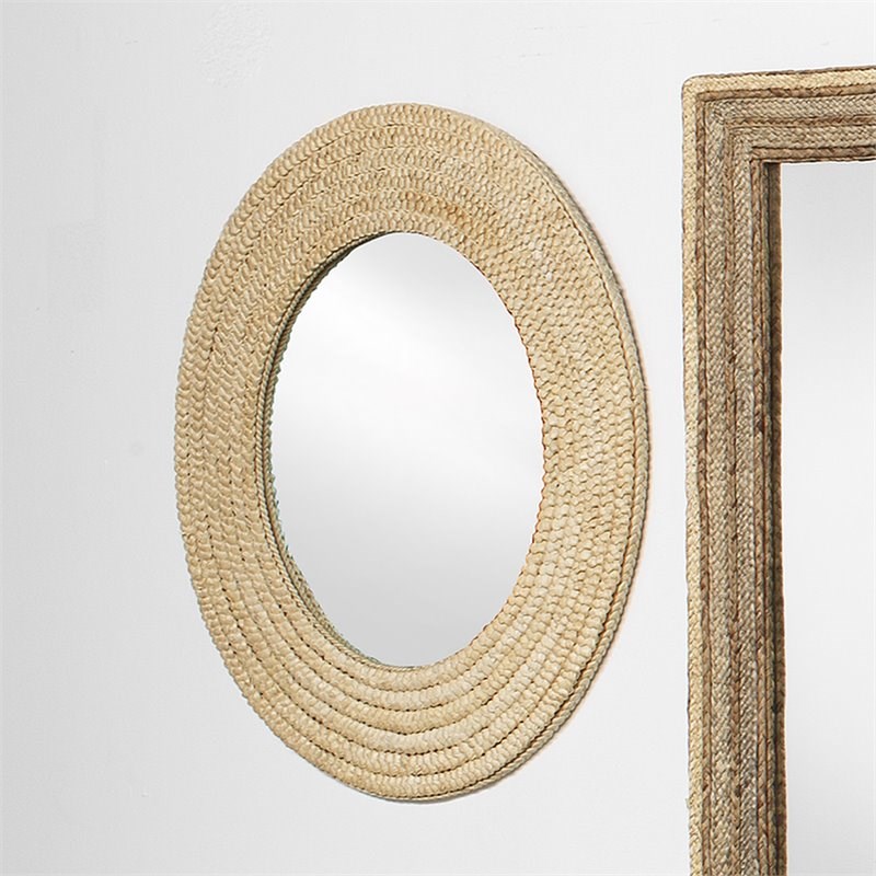 Maklaine Woven Braided Seagrass Round Coastal Wall Mirror in Brown
