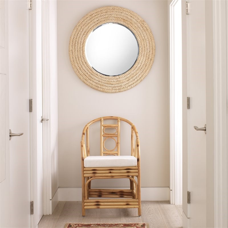 Maklaine Woven Braided Seagrass Round Coastal Wall Mirror in Brown