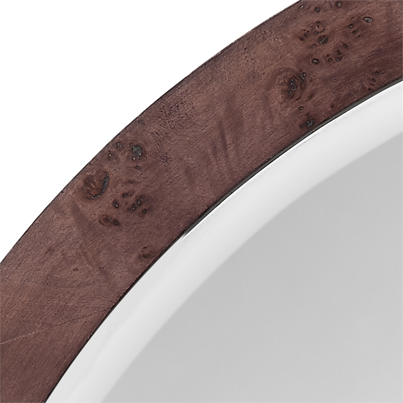 Maklaine Handmade Burl Wood Veneer Round Beveled Mirror in Charcoal
