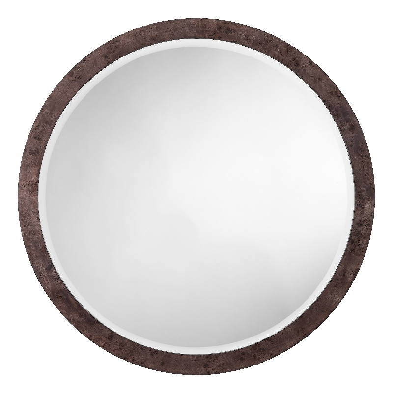 Maklaine Handmade Burl Wood Veneer Round Beveled Mirror in Charcoal