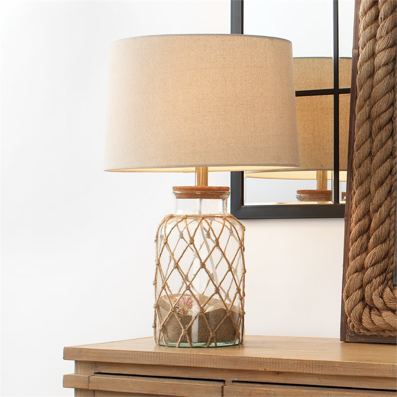 Maklaine Coastal Rope-Wrapped Glass Jar Table Lamp in Clear/Natural