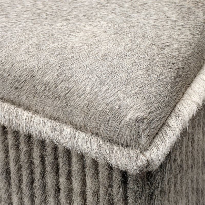 Maklaine Hair-on-Hide Leather Ottoman With Brass Base in Gray