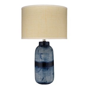 Maklaine Hand-Glazed Indigo Ceramic Table Lamp With Raffia Shade in Blue