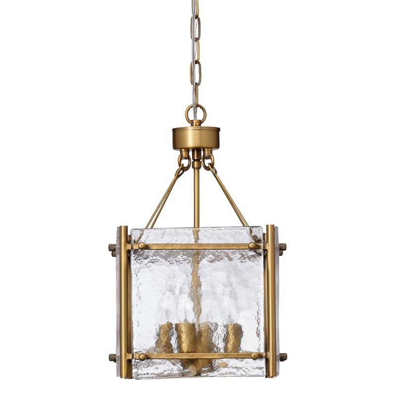 Maklaine Textured Glass and Metal Square Chandelier in Antique Brass