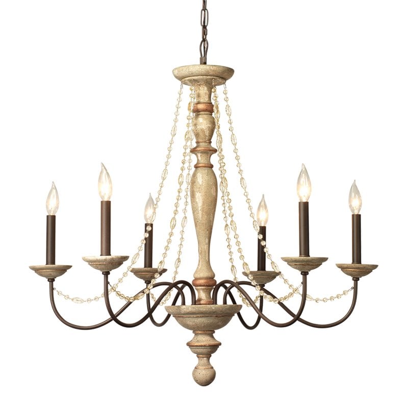 Maklaine Contemporary Crystal Bead and Washed Wood Chandelier in White
