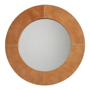 Maklaine Cross-Stitch Leather Round Wall Mirror in Light Brown