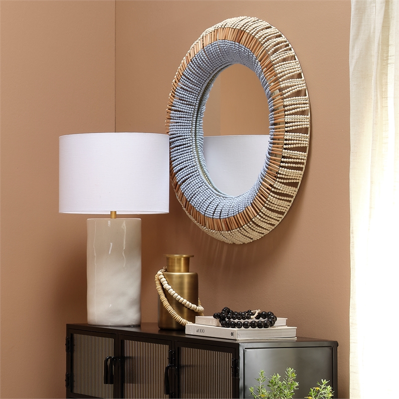 Maklaine Hand-Carved Wood Beaded Round Wall Mirror in Natural