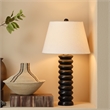 Maklaine Hand-Carved Mango Wood Beaded Table Lamp With Linen Shade