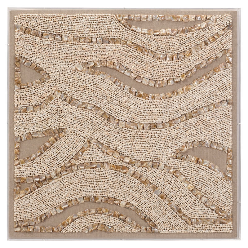 Maklaine Handcrafted Shell and Linen Coastal Wave Wall Art in Off White