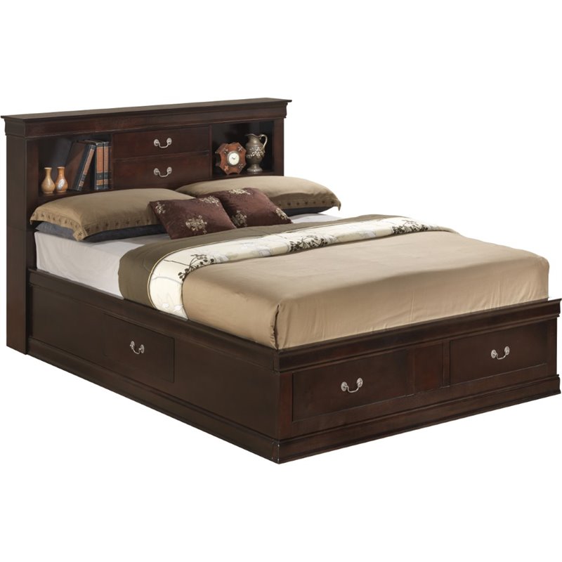 Maklaine King Bookcase Storage Bed with Drawers - Wood - Cappuccino Finish