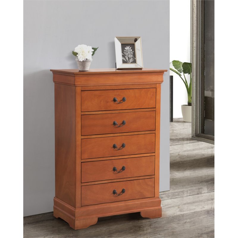 Maklaine Contemporary 5-Drawer Bedroom Chest in Oak Veneer Finish