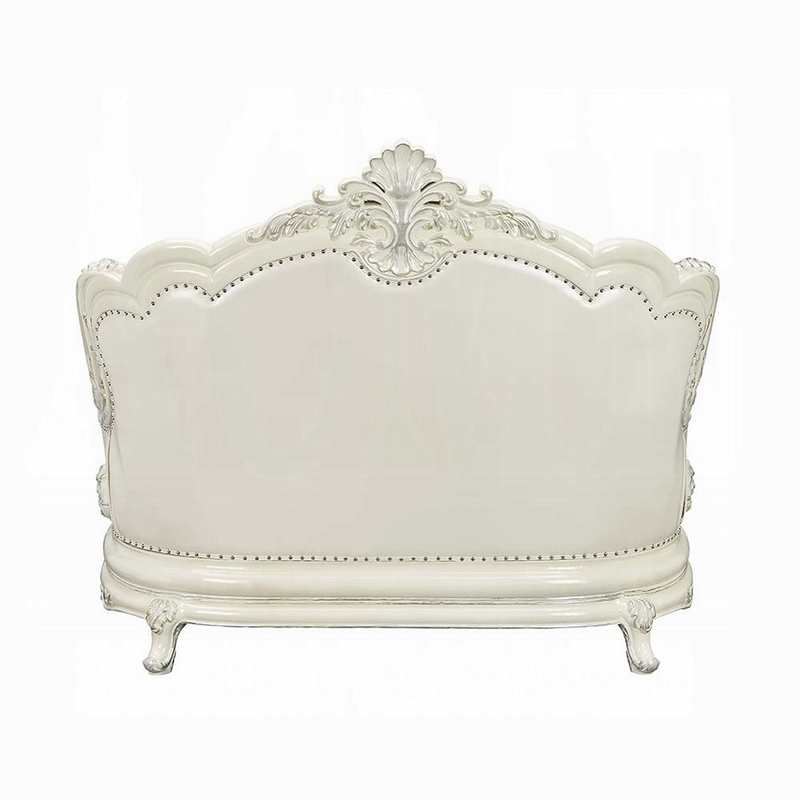 Maklaine Ornate Loveseat with 7 Accent Pillows in Tufted White Faux Leather