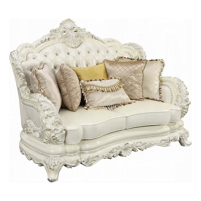 Maklaine Ornate Loveseat with 7 Accent Pillows in Tufted White Faux Leather