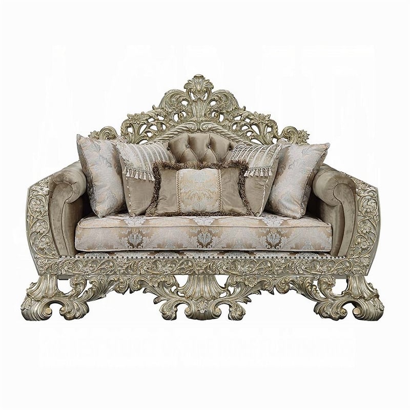 Maklaine Ornate Loveseat with 5 Accent Pillows in Gold and Brown Velvet