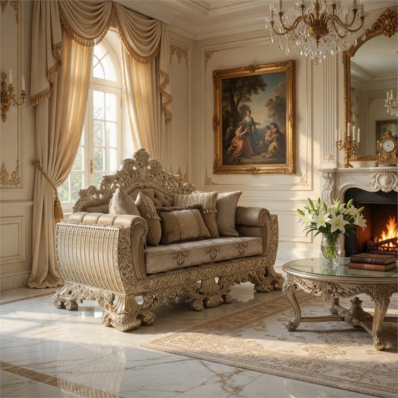 Maklaine Ornate Loveseat with 5 Accent Pillows in Gold and Brown Velvet