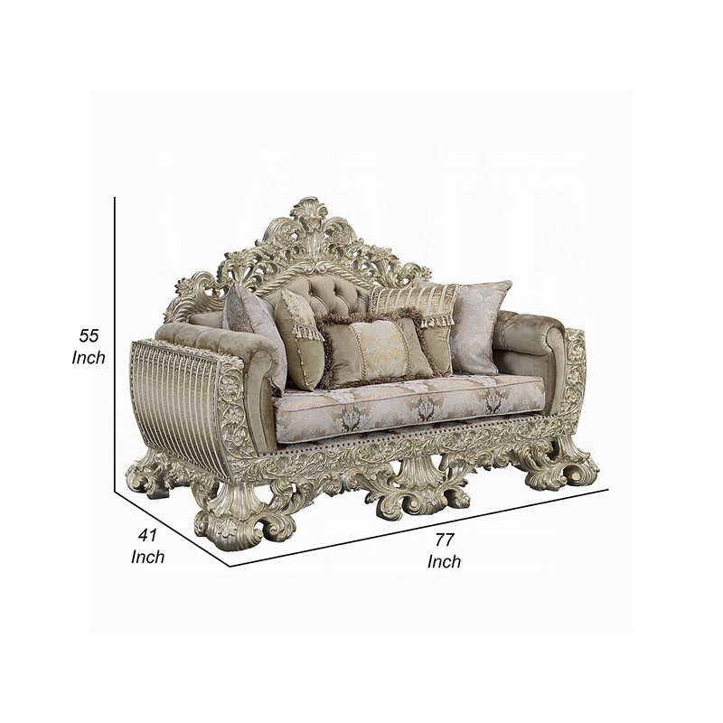 Maklaine Ornate Loveseat with 5 Accent Pillows in Gold and Brown Velvet