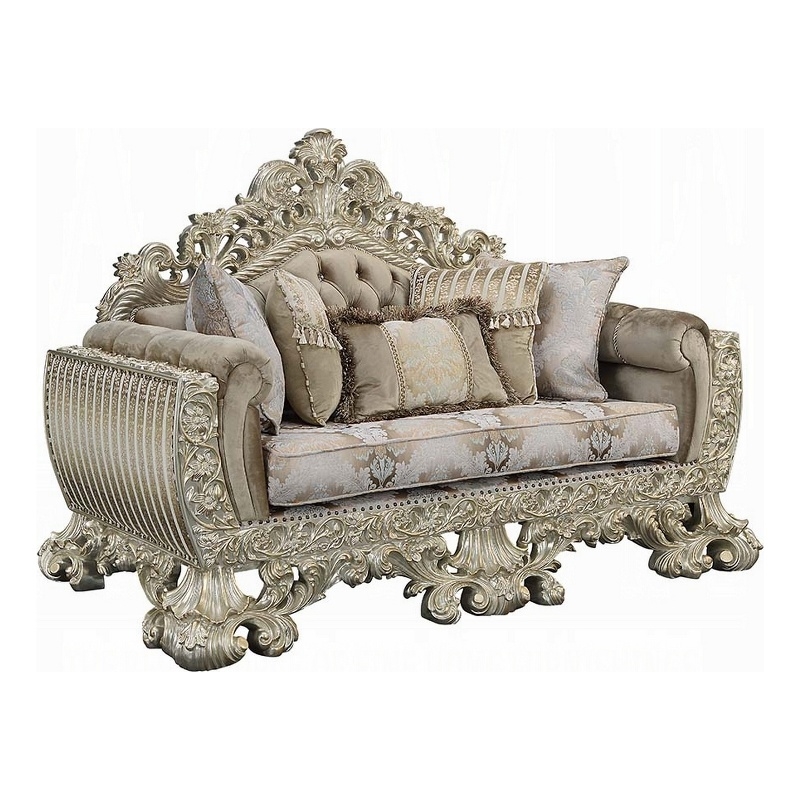 Maklaine Ornate Loveseat with 5 Accent Pillows in Gold and Brown Velvet