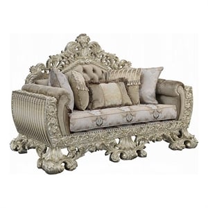 Maklaine Ornate Loveseat with 5 Accent Pillows in Gold and Brown Velvet
