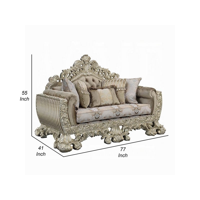 Maklaine Ornate Loveseat with 5 Accent Pillows in Gold and Brown Velvet