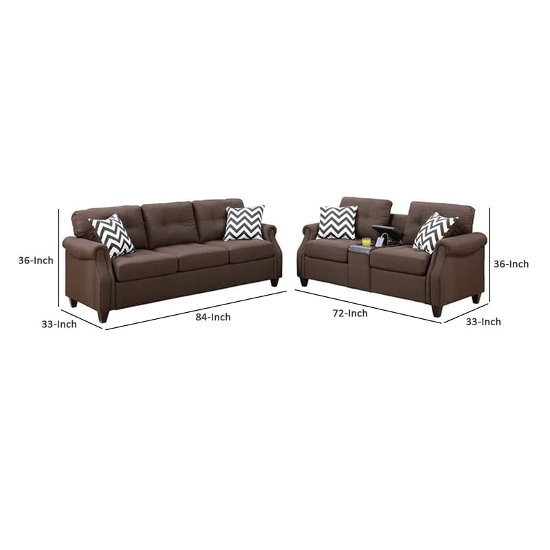 Maklaine 2 Piece Sofa Loveseat with 4 Pillows and USB Ports in Dark Brown