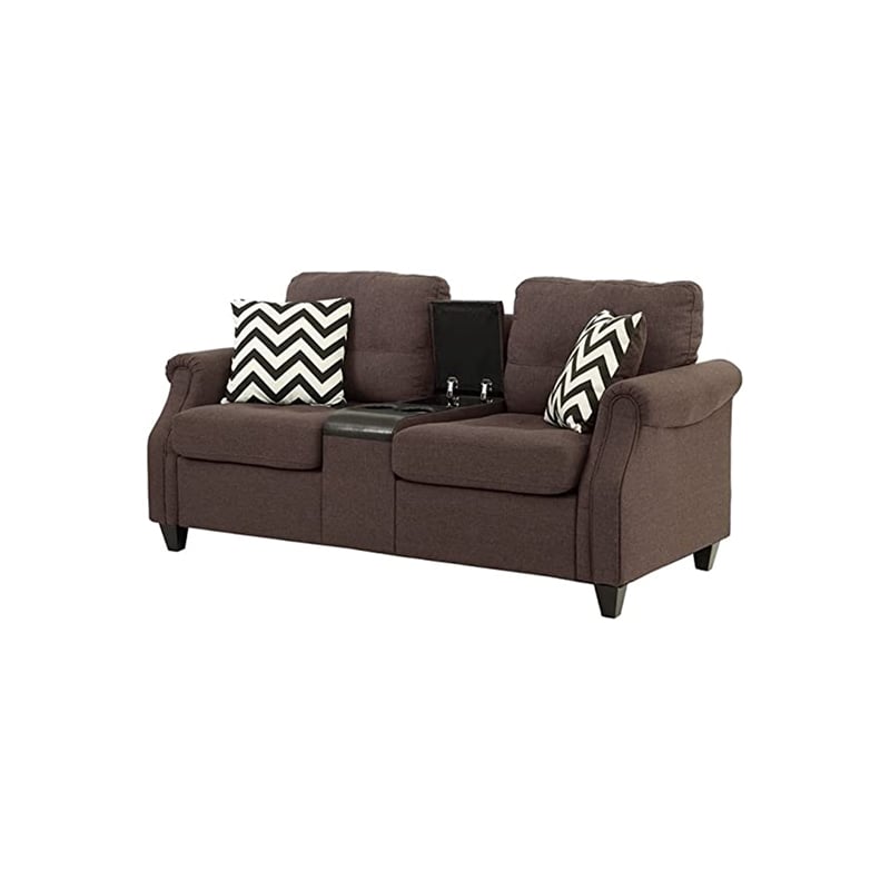 Maklaine 2 Piece Sofa Loveseat with 4 Pillows and USB Ports in Dark Brown