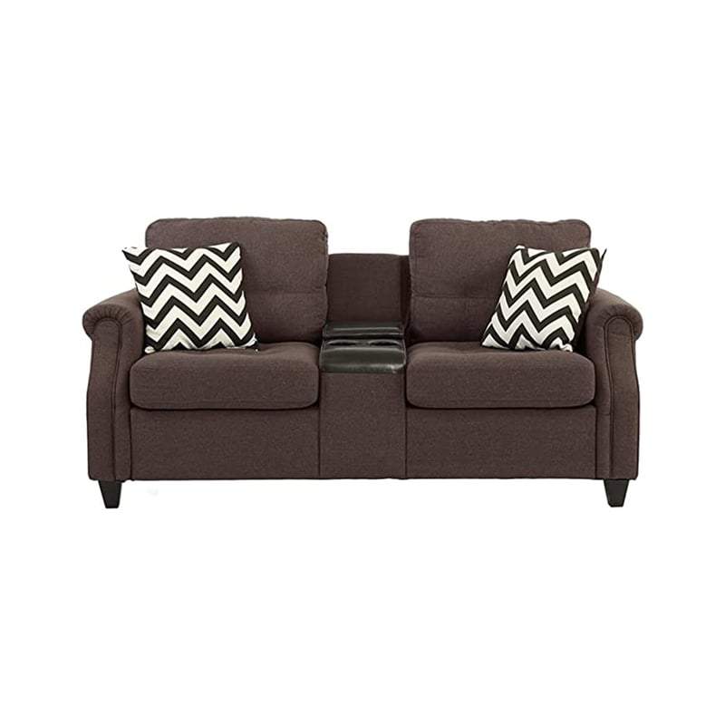 Maklaine 2 Piece Sofa Loveseat with 4 Pillows and USB Ports in Dark Brown