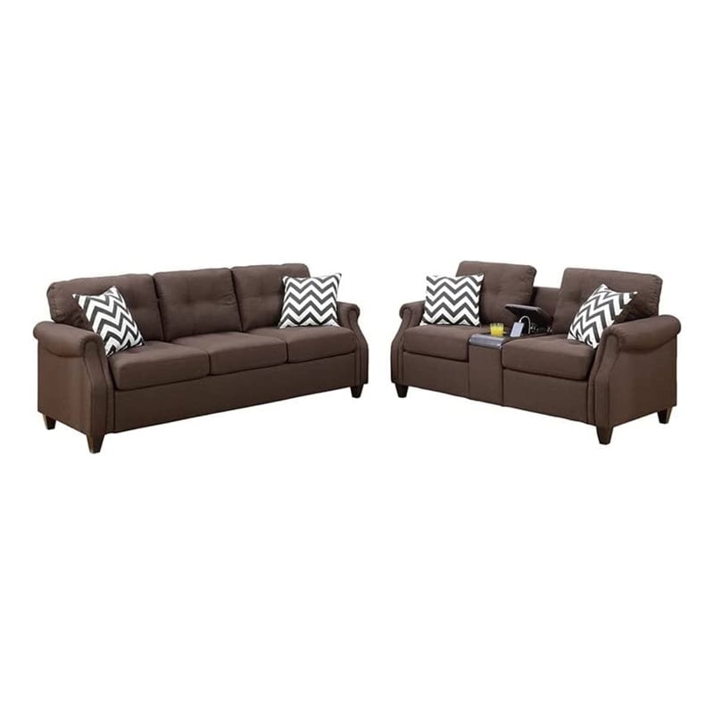Maklaine 2 Piece Sofa Loveseat with 4 Pillows and USB Ports in Dark Brown