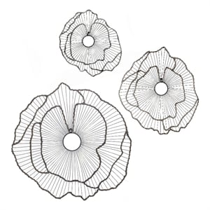 Maklaine 30/24/18&quot Set of 3 Metal Flowers Wall Decor in Black/Gold
