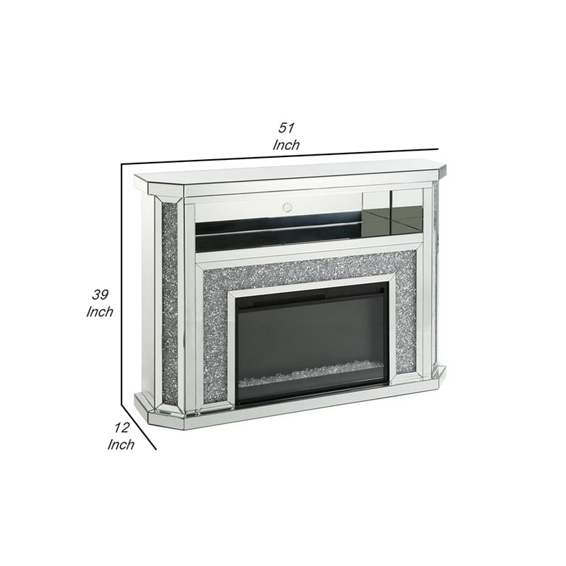 Maklaine Electric Fireplace with Mirror Panels and Faux Diamonds in Silver