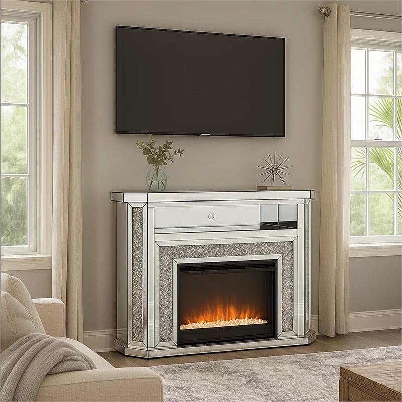 Maklaine Electric Fireplace with Mirror Panels and Faux Diamonds in Silver