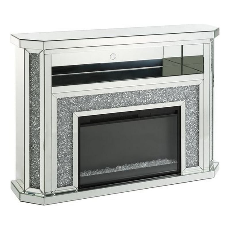 Maklaine Electric Fireplace with Mirror Panels and Faux Diamonds in Silver