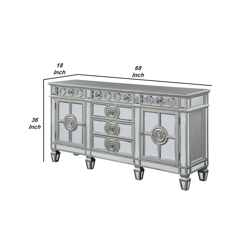 Maklaine Server with 6 Mirrored Drawers and 2 Single Doors in Silver