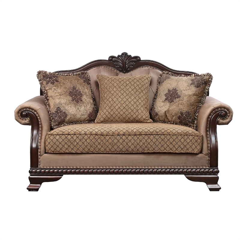 Maklaine Loveseat with Crowned Top and Fabric Upholstery in Beige