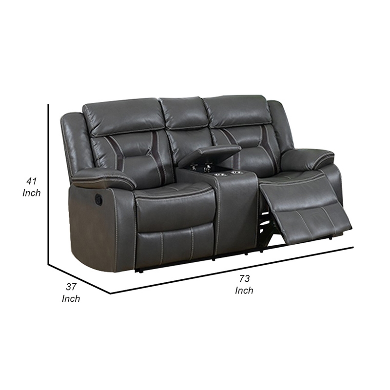 Maklaine 73 Inch Leatherette Motion Loveseat with Console in Gray