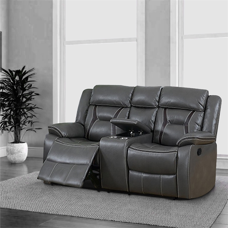 Maklaine 73 Inch Leatherette Motion Loveseat with Console in Gray