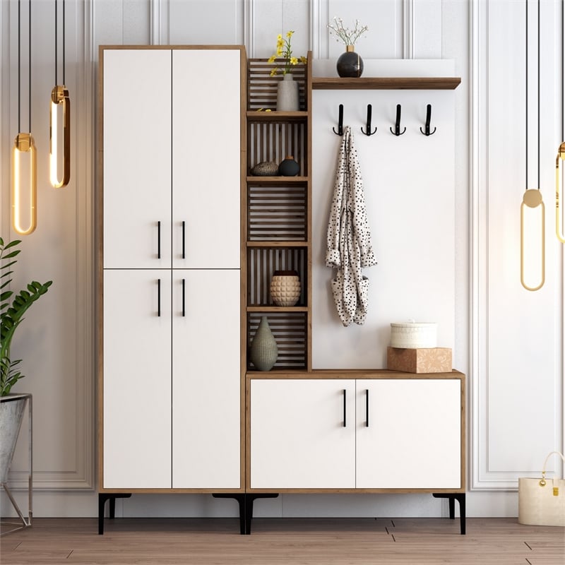Maklaine Hall Stand with Shelves and Cabinets in Walnut and White