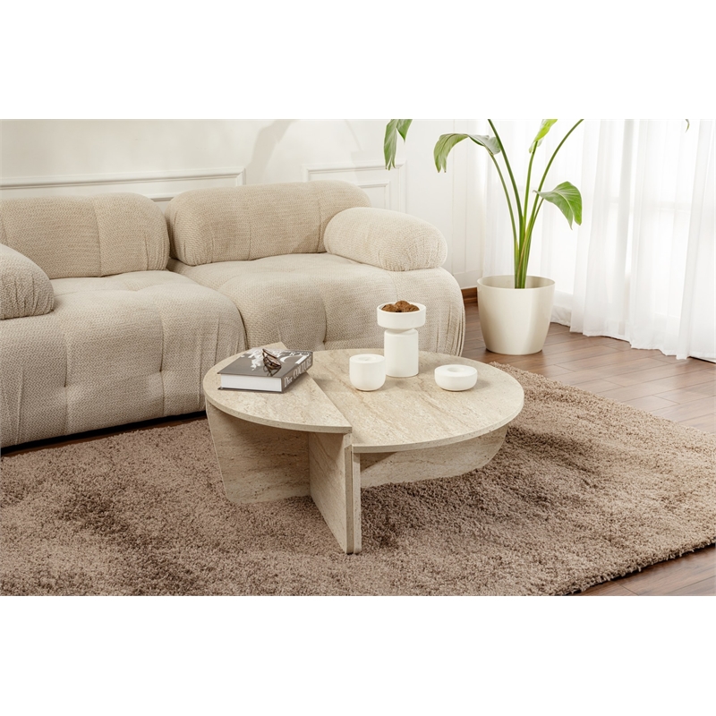 Maklaine Nesting Coffee Table Set of 2 with Marble Look in Travertine