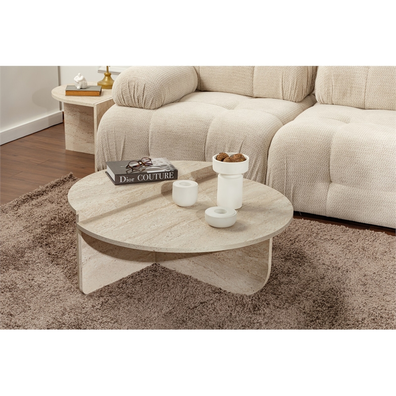 Maklaine Nesting Coffee Table Set of 2 with Marble Look in Travertine
