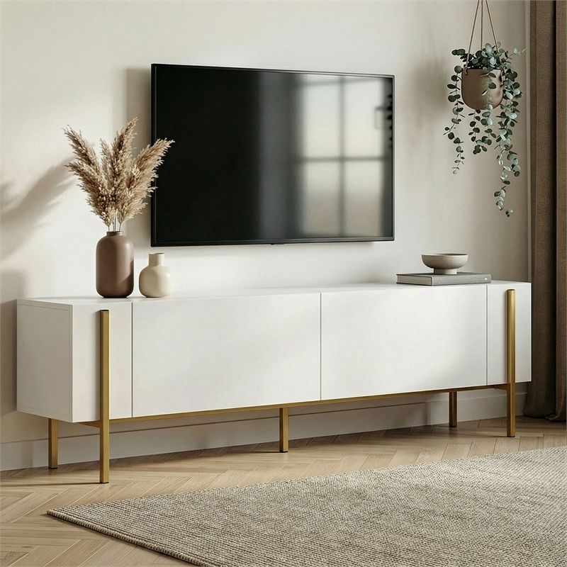 Maklaine TV Stand with Metal Legs and Storage in White and Gold