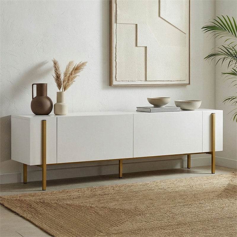 Maklaine TV Stand with Metal Legs and Storage in White and Gold