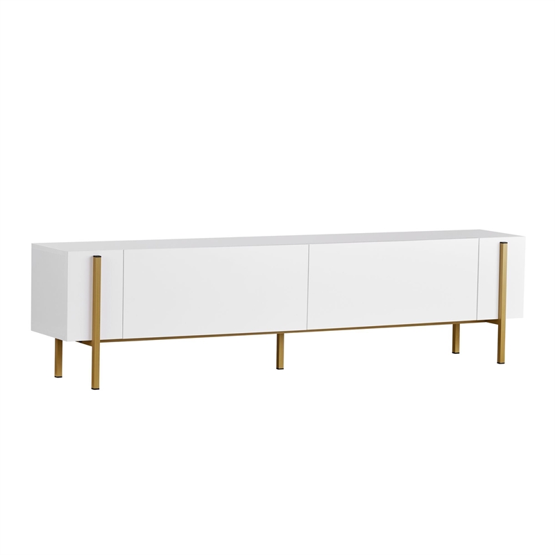 Maklaine TV Stand with Metal Legs and Storage in White and Gold