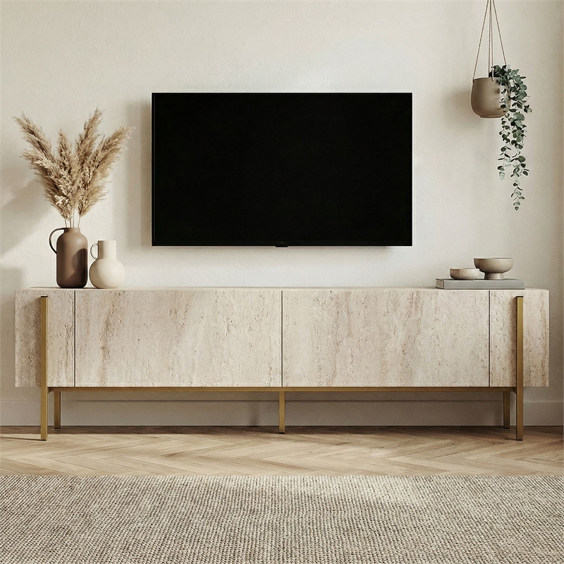 Maklaine TV Stand with Metal Legs and Storage in Travertine and Gold